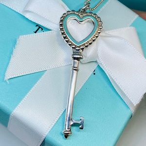 Tiffany & Co Large 2” Silver Blue Enamel Heart Beaded Key Pendant RETIRED